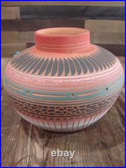 Native American Navajo Indian Hand Etched & Hand Painted Pottery Valencia
