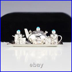 Native American Navajo Silver & Turquoise Miniature Tea Set By Wesley Whitman