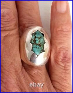 Native American Nugget Turquoise Scallop Bezel Dome Sterling Silver Ring