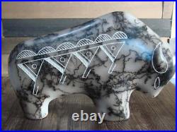 Native American Pottery Horse Hair Buffalo Sculpture by Yellow Corn