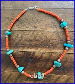 Native American Red Coral Turquoise Metal Beads Necklace 18 w Sterling Silver