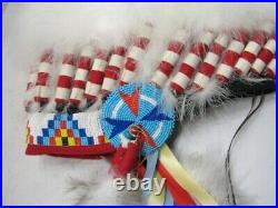 Native American Reenactment Cheif Warrior Feathered Headdress Bonnet Beaded