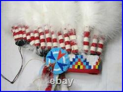 Native American Reenactment Cheif Warrior Feathered Headdress Bonnet Beaded