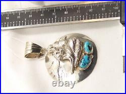 Native American Running Bear RB Sterling Silver Bear & Wolf Pendant Turquoise