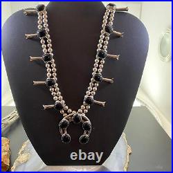 Native American Silver Oval Onyx Squash Blossom Necklace 26 For Women
