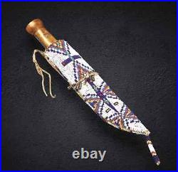 Native American Sioux Style Indian Beaded Suede Leather Knife Sheath Handmade