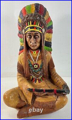 Native American Sitting INDIAN Chief WARRIOR Peace PIPE Chalkware Coin Bank