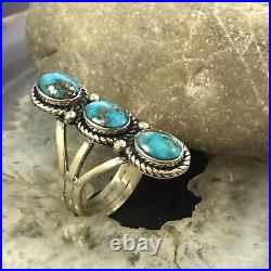 Native American Sterling Silver 3 Oval Matrixed Turquoise Ring Sz 9.75 For Women