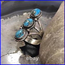 Native American Sterling Silver 3 Oval Matrixed Turquoise Ring Sz 9.75 For Women