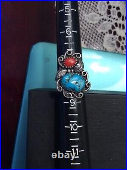 Native American Sterling Silver Coral And Nugget Cut Turquoise Ring. Size 8