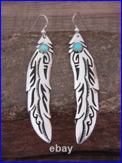 Native American Sterling Silver Feather & Turquoise Dangle Earrings Singer