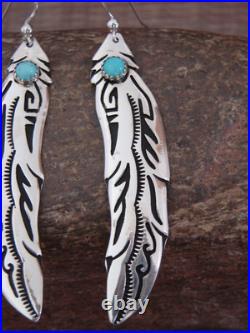 Native American Sterling Silver Feather & Turquoise Dangle Earrings Singer