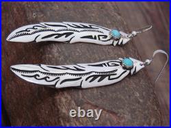 Native American Sterling Silver Feather & Turquoise Dangle Earrings Singer