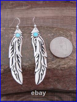 Native American Sterling Silver Feather & Turquoise Dangle Earrings Singer