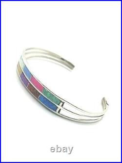 Native American Sterling Silver Handmade Navajo Multicolor Opal Cuff Bracelet