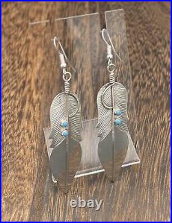 Native American Sterling Silver Navajo Handmade Turquoise Dangle Feather Earring