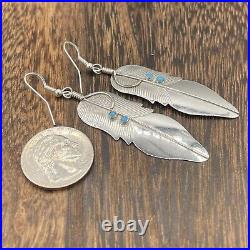 Native American Sterling Silver Navajo Handmade Turquoise Dangle Feather Earring