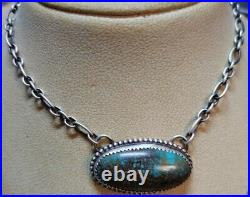 Native American Sterling Silver Navajo SPIDERWEB Turquoise Bar Necklace Sign PT