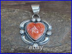 Native American Sterling Silver & Orange Spiny Oyster Heart Pendant Signed Ja