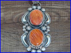 Native American Sterling Silver & Orange Spiny Oyster Pendant Signed James Jr