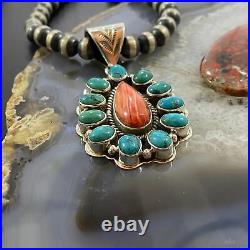 Native American Sterling Silver Spiny Oyster Teardrop &Turquoise Cluster Pendant
