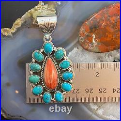 Native American Sterling Silver Spiny Oyster Teardrop &Turquoise Cluster Pendant