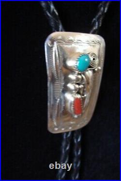 Native American Sterling Silver Turquoise Coral Bolo Tie Wilbur Myers