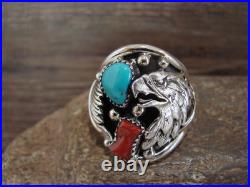 Native American Sterling Silver Turquoise & Coral Eagle Ring by Saunders Si