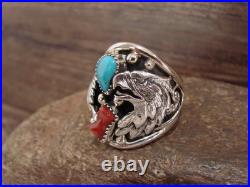 Native American Sterling Silver Turquoise & Coral Eagle Ring by Saunders Si