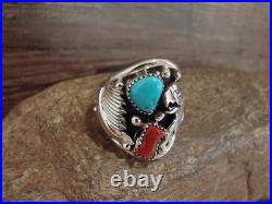 Native American Sterling Silver Turquoise & Coral Eagle Ring by Saunders Si