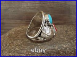 Native American Sterling Silver Turquoise & Coral Eagle Ring by Saunders Si