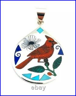 Native American Sterling Silver Zuni Multicolored Cardinal Pendant