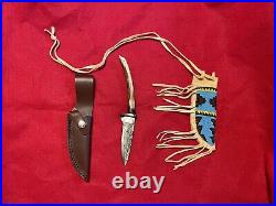 Native American Style Beaded Sheath Damascus Steel Knife Antler Handle Handmade