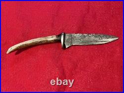 Native American Style Beaded Sheath Damascus Steel Knife Antler Handle Handmade