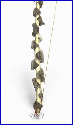 Native American Style Curved Wood Fur Bow Beaded Hide Wrap Handle Decorative