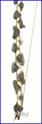 Native American Style Curved Wood Fur Bow Beaded Hide Wrap Handle Decorative