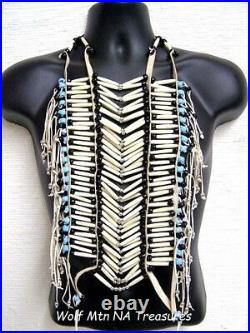 Native American Style Handmade Regalia WHITE Hairpipe Blue Beaded BREASTPLATE