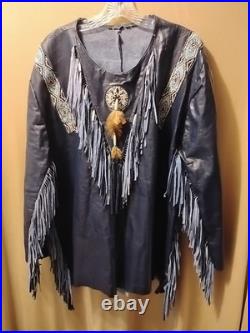 Native American Style Leather War Shirt Blue with Fringe Beaded size XL in GUC