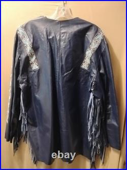 Native American Style Leather War Shirt Blue with Fringe Beaded size XL in GUC