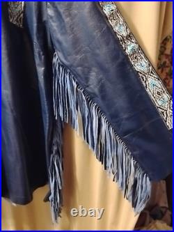 Native American Style Leather War Shirt Blue with Fringe Beaded size XL in GUC