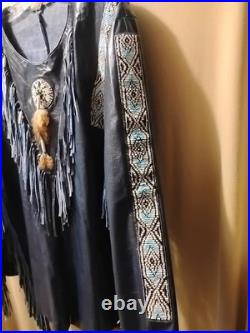 Native American Style Leather War Shirt Blue with Fringe Beaded size XL in GUC