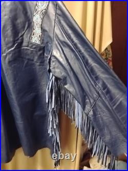 Native American Style Leather War Shirt Blue with Fringe Beaded size XL in GUC