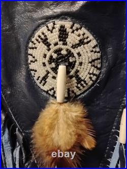 Native American Style Leather War Shirt Blue with Fringe Beaded size XL in GUC