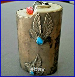 Native American Turquoise Nuggets Sterling Silver Leaves Table Lighter Holder