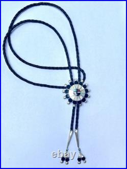 Native American Western Zuni Signed Bolo Pauline Lonjose VTG Sterling Silver MOP