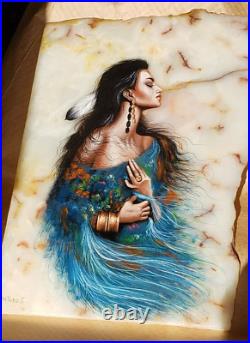 Native American Woman Painted on Stone Slab Signed Arturo T with a Stone Holder