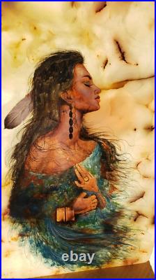 Native American Woman Painted on Stone Slab Signed Arturo T with a Stone Holder