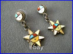 Native American Zuni Multi-Stone Zia Sunface Star Inlay Sterling Silver Earrings