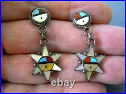 Native American Zuni Multi-Stone Zia Sunface Star Inlay Sterling Silver Earrings