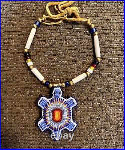 Native AmericanSiouxLakotaBeadedTurtleAmuletNecklaceEthnicLeatherBone